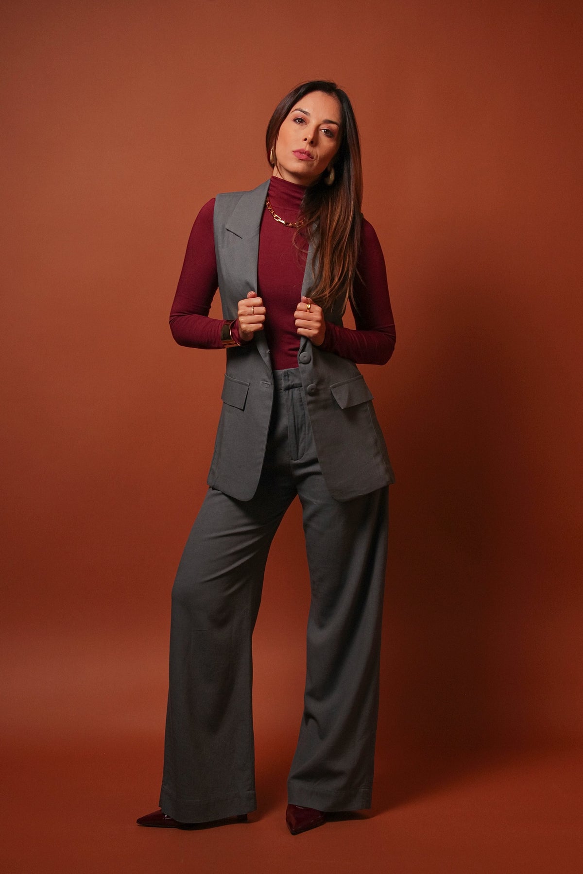 Conjunto Colete Canela & Calça Gardênia